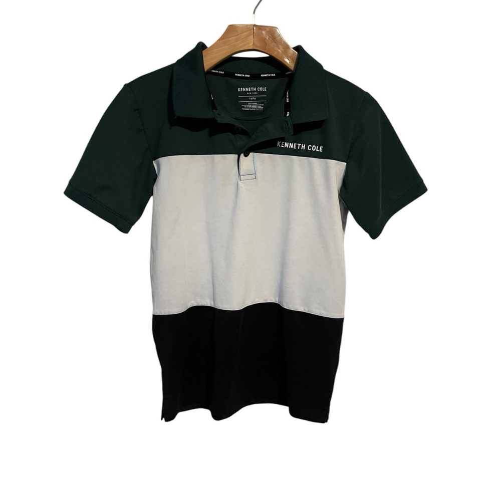 Kenneth Cole Boys Polo Shirt Green White Size 14/16 Short Sleeve Collared